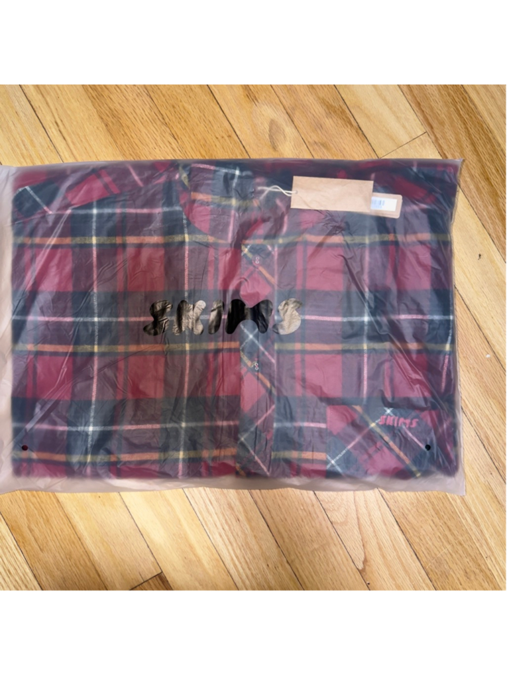 SKIMS Flannel Hooded Button Down Shirt M Brick Holiday Plaid SKU705